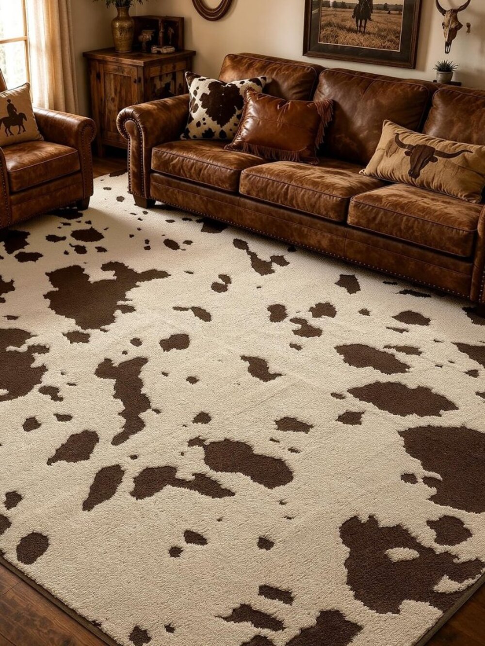 Cowhide Area Rugs 6×9 Ft, Washable Plush Soft Brown and Cream Cow Rug, Non-Slip